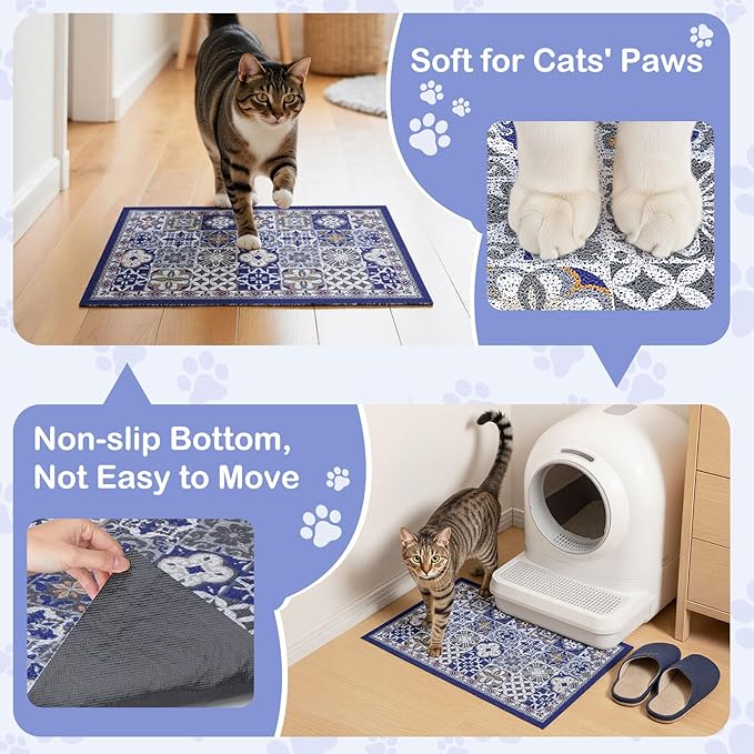 Cat Litter Mat Trapping Rug 24"x15",Litter Box Mat for Floor, Non-Slip Waterproof Backing, Soft Mesh Easy to Clean Pet Mat for Cat, Blue