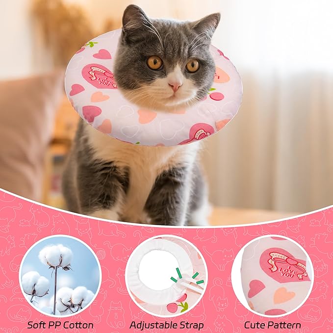 Seyezo Cat Cone Soft Collar, Adjustable Cat Recovery Collar for Small Medium Large Cats, Cute Donut E Collar After Surgery, Anti-Lick Recovery Elizabethan Collar for Kittens (Pink Heart, Small)