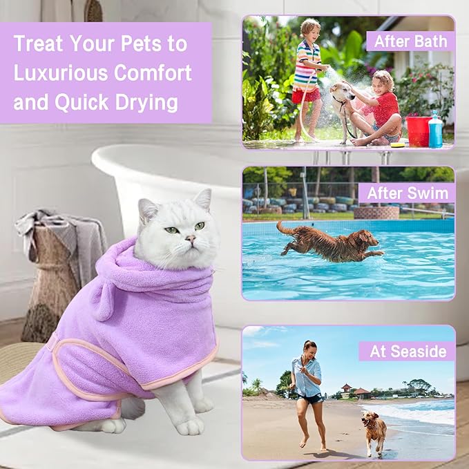 Pet Bathrobe for Dog Cat Absorbently Quick Drying Coat Cute Dogs Bath Towel Hooded Robe Adjustable Collar & Belly Strap for Pool Beach (Purple, Small)