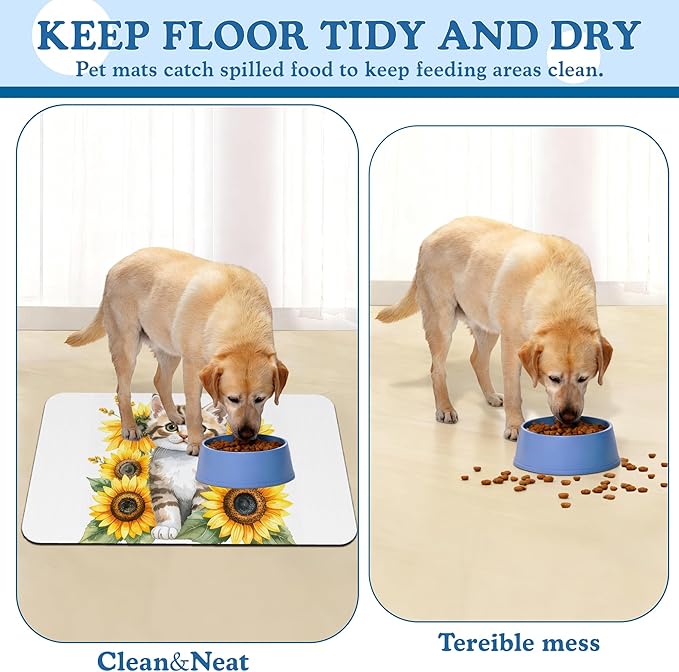 Cute Cat Sunflower Pet Feeding Mat for Floors–Absorbent Quick Dry Dog Cat Bowl Mat for Food and Water, Non Slip Waterproof Base, Mess-Free Feeding Accessories 16"x24"