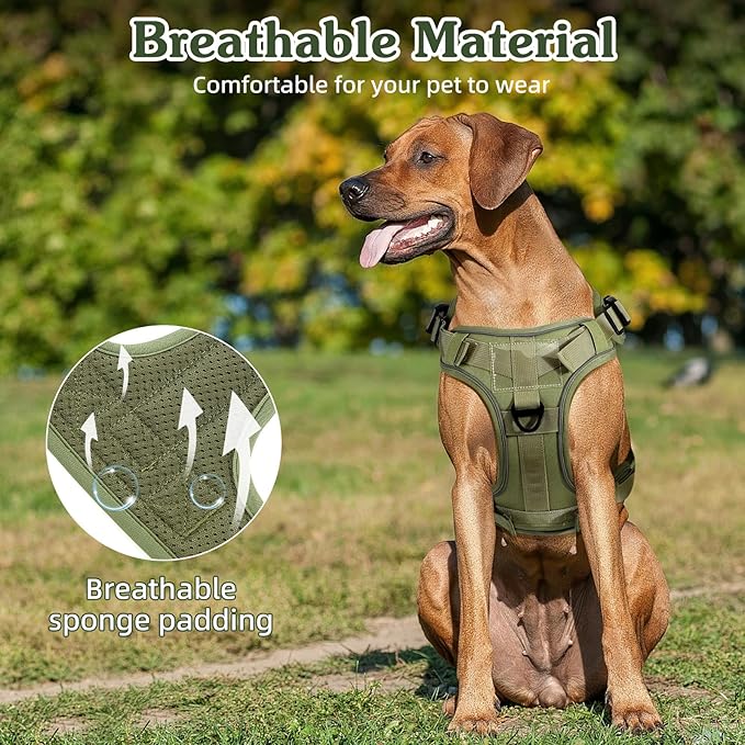 VavoPaw Heavy Duty Tactical Dog Harness for Large Dogs, No Pull Adjustable Pet Harness Reflective Service Training Easy Control Pet Vest Military K9 Working Dog Harnesses, Army Green, L