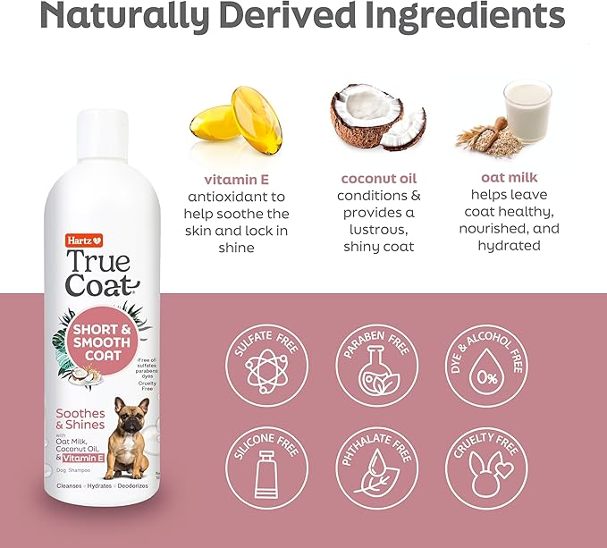 True Coat Short & Smooth Coat Dog Shampoo, 5 in 1 Soothes & Shines with Oat Milk, Coconut Oil & Vitamin E, 16 oz