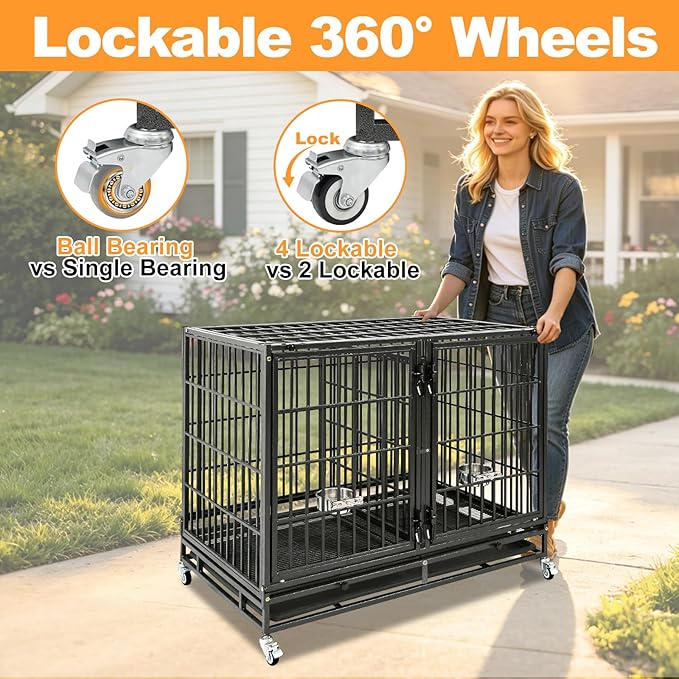 Homey Pet 43 Inch Two Tiers Dog Crate Cage Kennel with Divider, Stackable Heavy Duty Dog Crate for Large Dogs, Escape Proof Indestructible Dog Kennel Indoor with Removable Tray, Lockable Wheels