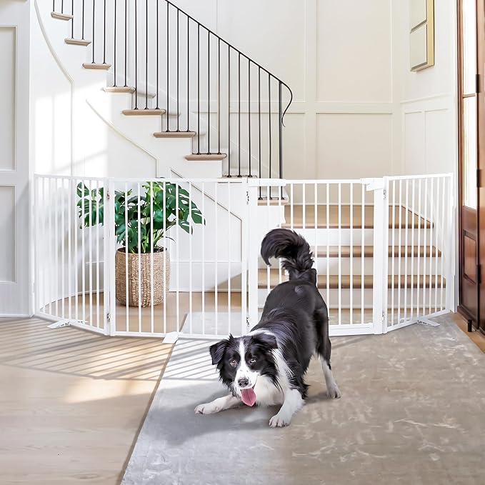 Snagle Paw Extra Wide Dog Gate,Free Standing Dog Fence with Door, Up to 104 Inch Wide Pet Gate with Support Feet for Stairs, Hallways, Doorways, Yard (White, 4 Panels)