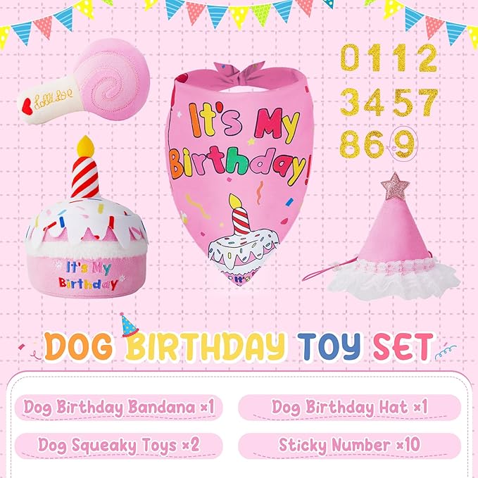 KIPRITII Dog Birthday Party Supplies – Pink Dog Squeak Toys, Birthday Bandana & Hat for Small Dogs, Interactive Puppy Plush Toys to Relieve Boredom