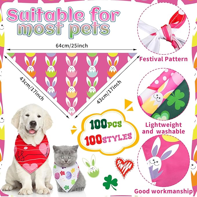 Huhumy 100 Pcs Easter Seasonal Dog Bandanas Easter Valentines Day St. Patrick's Day Theme Pet Bandanas Bulk Holiday Triangle Pet Bibs Scarf for Medium Large Dog Spring Festival Costume Decor