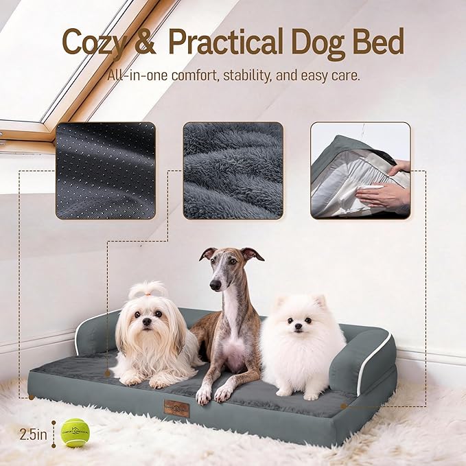 Comfort Expression Extra Large Dog Bed - Waterproof Orthopedic Washable Jumbo Bed for Big Dogs, Removable Non-Slip Pet Couch Bolster Cover, 45x35