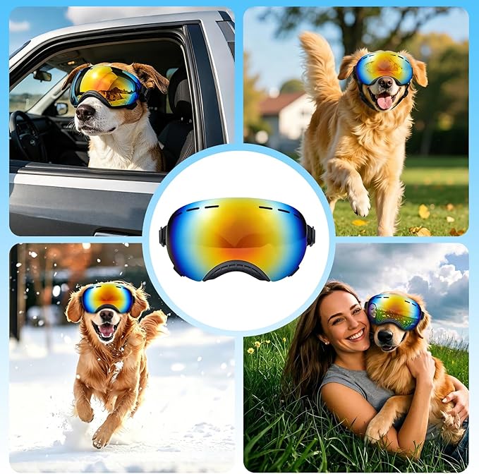 Dog Goggles for Medium to Large Breeds, Stylish Pet Sunglasses with Rainbow PC Lens, Soft TPU Frame & Adjustable Straps, Windproof Dustproof UV Protection Eyewear for Outdoor Riding Hiking (Black)