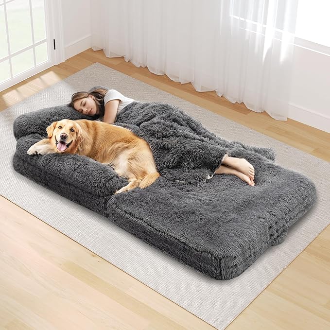 OtterOasis Foldable Human Dog Bed for Adults, Fluffy Human Sized with Blanket, Orthopedic Washable Dog Bed with Memory Foam and Water Repellent Liner for Pet (Grey, 72 * 44 * 10 inch)