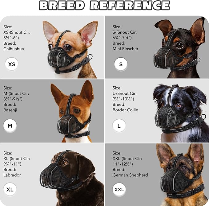 Dog Muzzle,Mesh Soft Muzzle for Small Medium Large Sized Dogs, Breathable Reflective Adjustable Puppy Muzzles with Collar for Scavenging Grooming Biting Chewing,Allows Panting and Drinking(Black S)