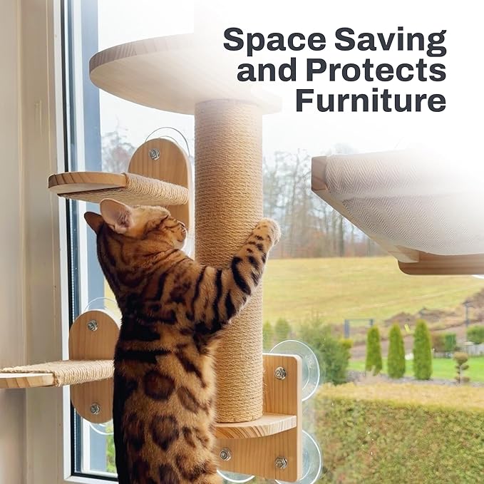 4-in-1 Window & Wall Mount Cat Wall Shelves – Hammock, Steps & Scratching Post with Landing | Space-Saving Pet Furniture for Glass & Drywall | Modern Cat Window Perch | Fits up to 40 lbs