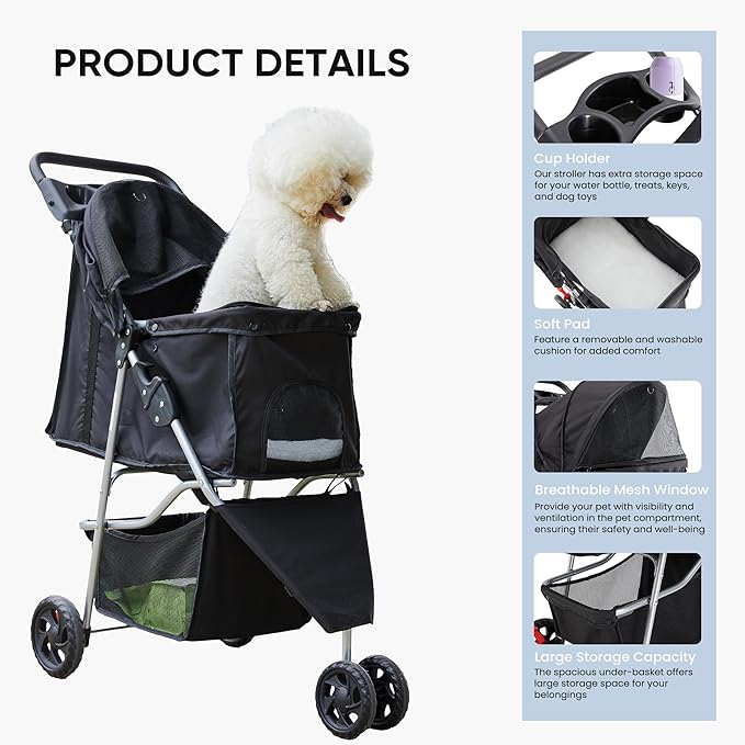 NEWBULIG Pet Stroller for Dogs, Cats Stroller with 3 Wheel, Foldable, Lightweight and Durable, Ideal for Small to Medium Pets, Includes Storage Basket and Cup Holders, Black