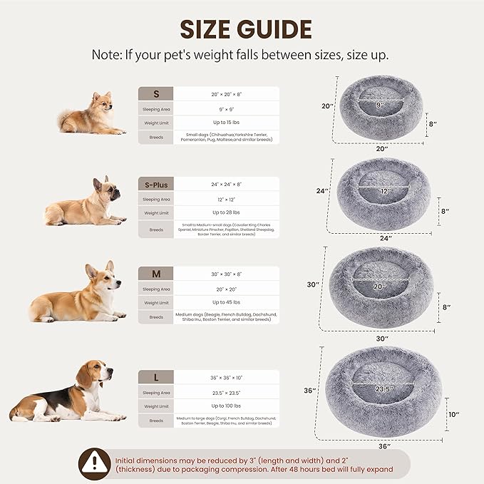 Donut Dog Bed Medium Size Dog, Round Cat Beds for Small Medium Dogs and Cats with Washable Fluffy Faux Fur, Cute Comfort Pet Bed with Anti-Slip Bottom, Grey, 20"