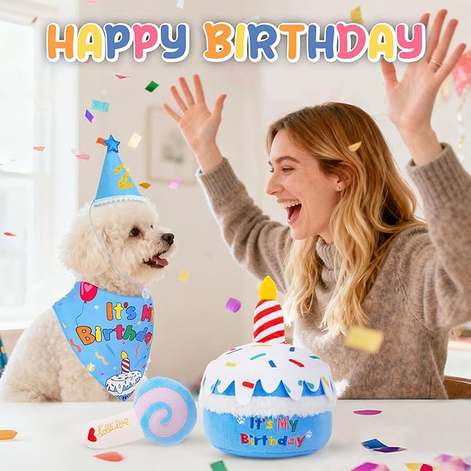 KIPRITII Dog Birthday Party Supplies – Dog Squeak Toys, Birthday Bandana & Hat for Small Dogs, Interactive Puppy Plush Toys to Relieve Boredom