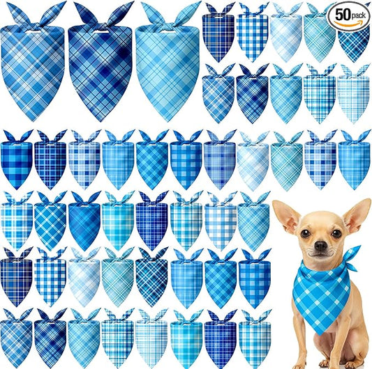 Abbylike 50 Pcs Plaid Dog Bandanas Bulk Blue Checkered Bandanas for Dogs Triangle Kerchief Bibs Scarf Set for Pet Holiday Costume Photo Props Accessories Pet Shops (19.7 x 13.8 x 13.8 Inch)