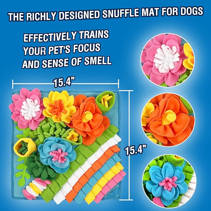 MYLIFESION Snuffle Mat 15.4''×15.4'' for Small & Medium Dogs, Slow Feeding Puzzle Sniff Mat for Cats Rabbits, Mentally Stimulating Scent Training, Portable Durable Pet Food Mat (Lightweight Style)