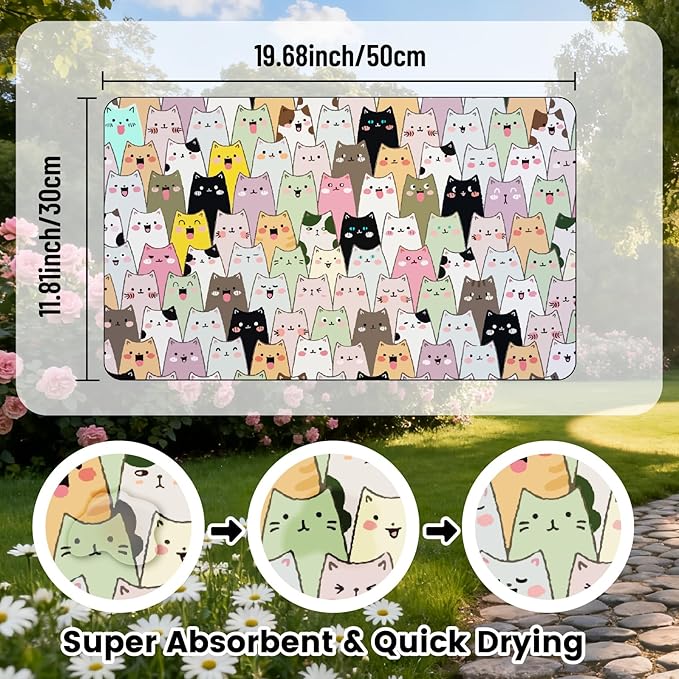 Cute Cat Food Mat Pet Feeding Placemat Colorful Cartoon Cat Pattern Rectangle Diatomaceous Earth Absorbent Quick Dry Pet Mat Protect Floors for Food and Water Bowl Supplies 20 x 12 Inch
