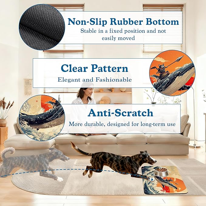 Wave Cat Dog Food Mat,Ukiyo-e Whale Absorbent Quick Dry Feeding Placemat for Food and Water Bowls, Non Slip Rubber Backing, Waterproof Pet Supplies for Mess-Free Eating 16"x24"