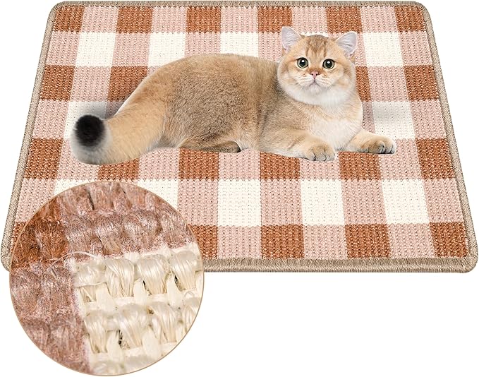 Cat Scratcher Mat, Natural Sisal Cat Scratch Pad, 23.6x15.7 Inch Horizontal Cat Floor Scratching Pads Rug with Hook & Loop to Protect Couch & Carpets & Sofas（Coffee White）