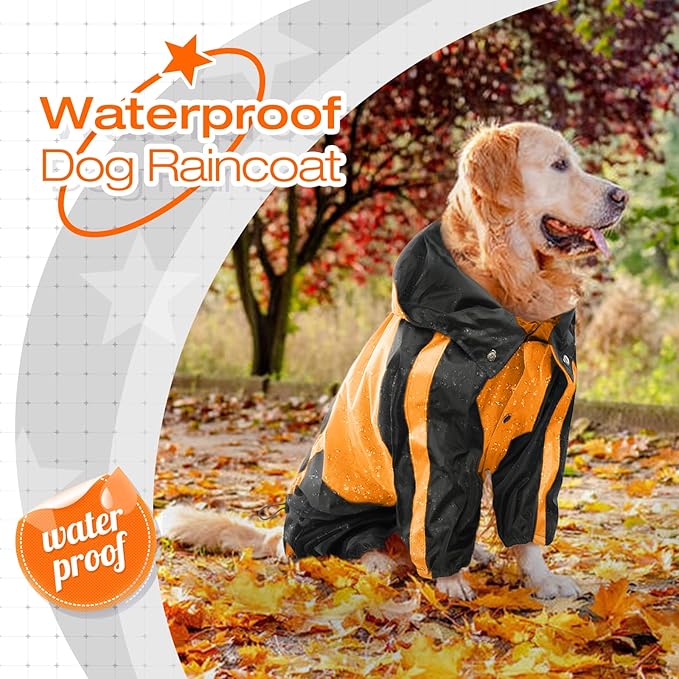 Dog Raincoat, Waterproof Rain Jacket, Adjustable 4-Legs Pet Poncho with Hood, Snow-Proof Dog Vest Rainwear, Lightweight Rain Clothes Apparel with Leash Hole