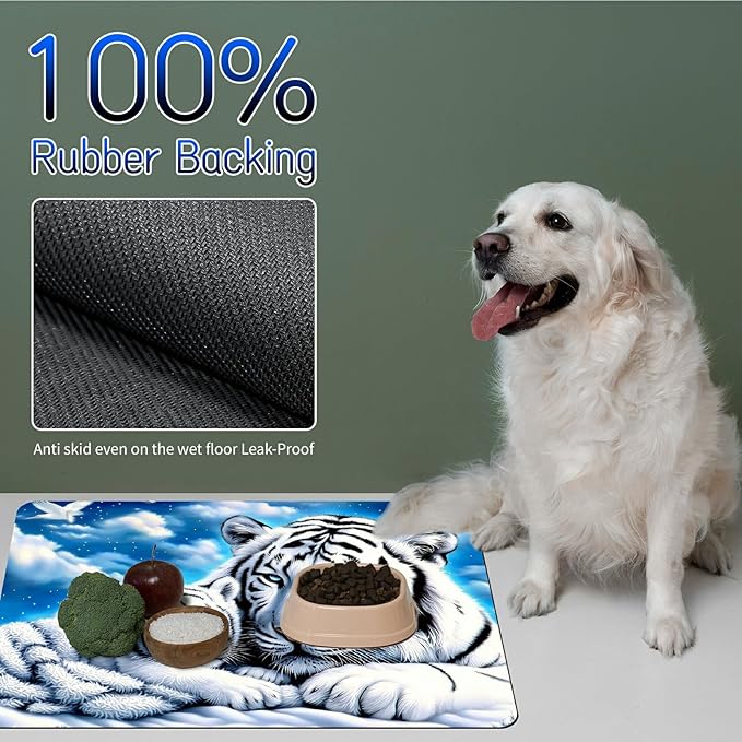 Dog Food Mat, 15.7" x 23.6" Absorbent Pet Feeding Mat for Food and Water, Waterproof Diatom Mud Pet Placemat with Non-Slip Rubber Backing, Easy Clean Cat Bowl Mat for Floors - White Tiger