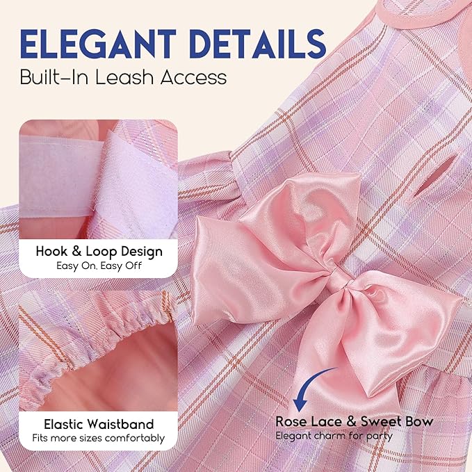 ASENKU Dog Dress Pet Wedding Dress Princess Lace Puppy Birthday Party Outfit Formal Apparel Girl for Small Medium Dogs Cats (Large, Pink Plaid)