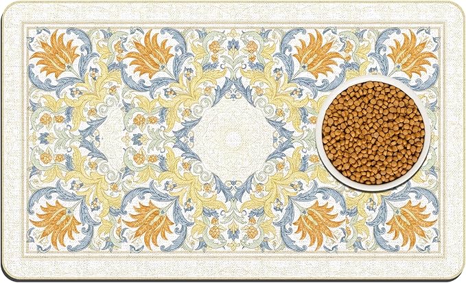 Pet Dog Cat Food Mat, Absorbent Dog Bowl Mats for Food and Water, Non Slip Boho Dogs Cat Placemats Feeding Mat for Floors Indoor Puppy Pet Accessories Supplies 12 * 20 inch, Khaki