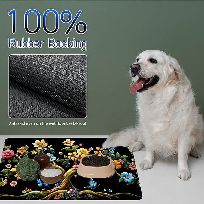 Dog Food Mat, 15.7" x 23.6" Absorbent Pet Feeding Mat for Food and Water, Waterproof Diatom Mud Pet Placemat with Non-Slip Rubber Backing, Cat Bowl Mat for Floors - Black Flower Tree