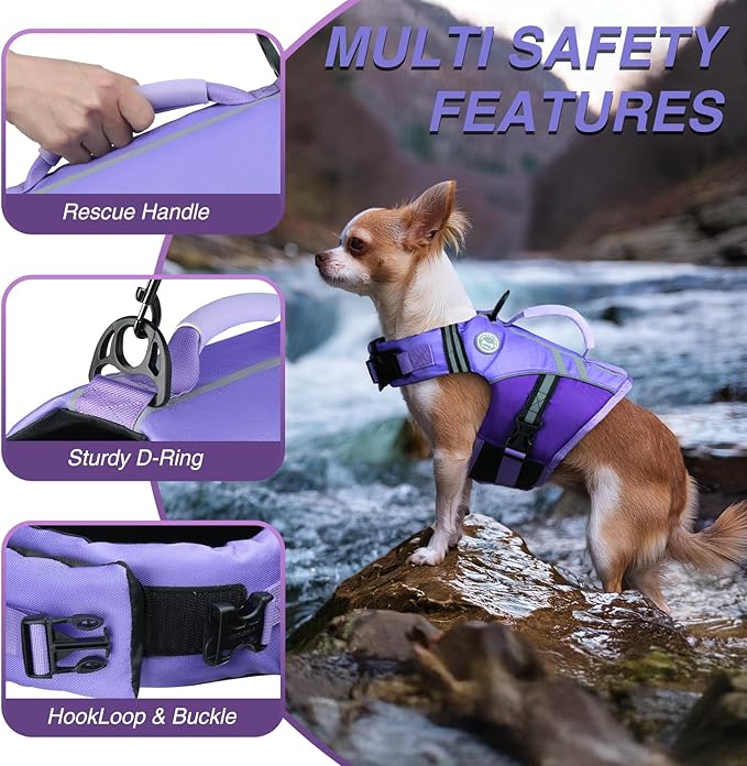 VIVAGLORY Sports Style Dog Life Vest, Dog Life Jacket for Swimming & Boating, Ripstop & Buoyancy for Puppy Doggy, Lifejacket with Handle, XS, Purple