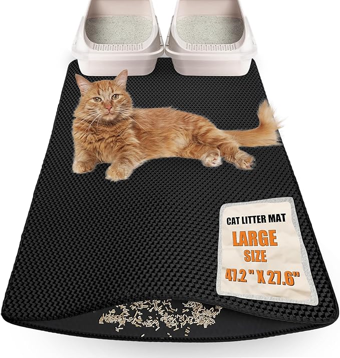 Cat Litter Box Mat- (47" x 27"), Extra Large,Double Layer Honeycomb Pad Rug, Waterproof Cat Litter Trapping Mat, Non-Slip, Easy Clean,Durable,Black