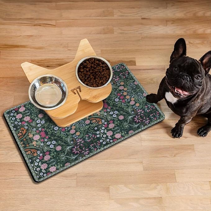 Floral Dog Food & Water Mat, Boho Vintage Pet Feeding Mat for Floor Non-Slip Waterproof, Super Absorbent Cat Bowl Mat, Easy to Clean Durable Pet Placemat,12" × 20"
