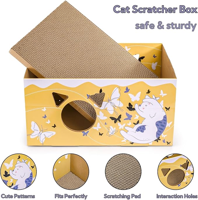 Tlence 2 Pack Cardboard Cat Scratcher Box, Butterfly Pattern Cat Hideaway House with Double-Sided Scratch Pads, 16.5 Inch Heavy Duty Large Cat Bed Lounger for Indoor Cats