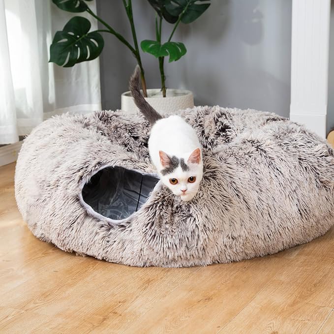 Warm Fluffy Plush Cat Tunnel Bed Under Christmas Tree Big Tube Playground Toys 3 FT Diameter Longer Crinkle Collapsible 3 Way, for Indoor Cat Kitty Kitten Puppy Rabbit Ferret Brown