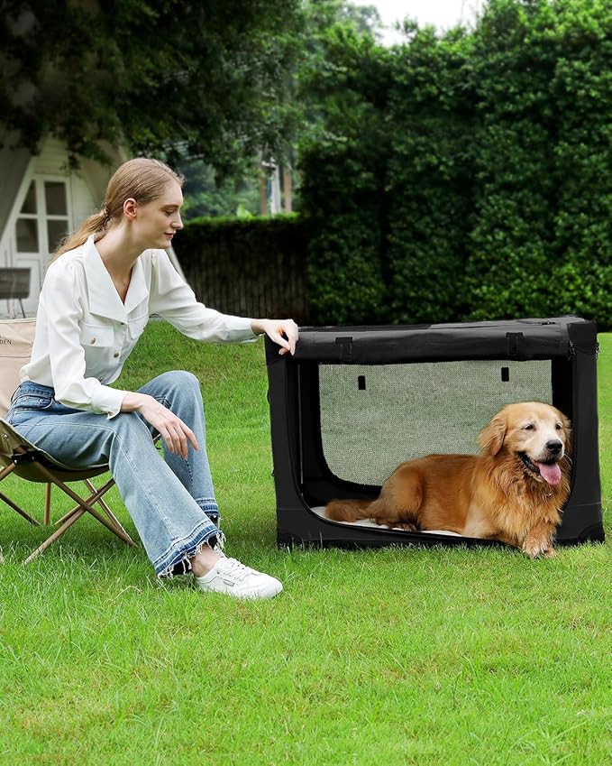 Veraste 30" L x 21" W x 21" H Collapsible Travel Dog Crate, Portable Soft Dog Kennel for Medium Dogs up to 45 lbs, 4-Door Foldable Travel Crate with Durable Mesh & Storage Bag, Black