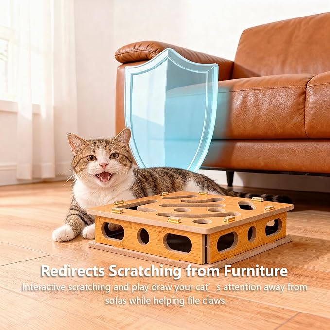Cat Nail File Scratcher, Cat Claw Saver Box with Replaceable Sandpaper, Stress-Free Nail Care, Interactive Maze Scratcher with Bell Ball for Indoor Cats