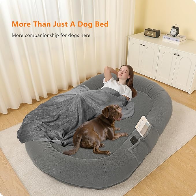 Human Dog Bed with Blanket, 71"x47.2"x9" Extra Large Fits Adult & Pets, Reversible Orthopedic Gel Memory Foam Cushion, Washable Faux Rabbit Fur, Plump Edge, Storage Pocket, Cement Grey