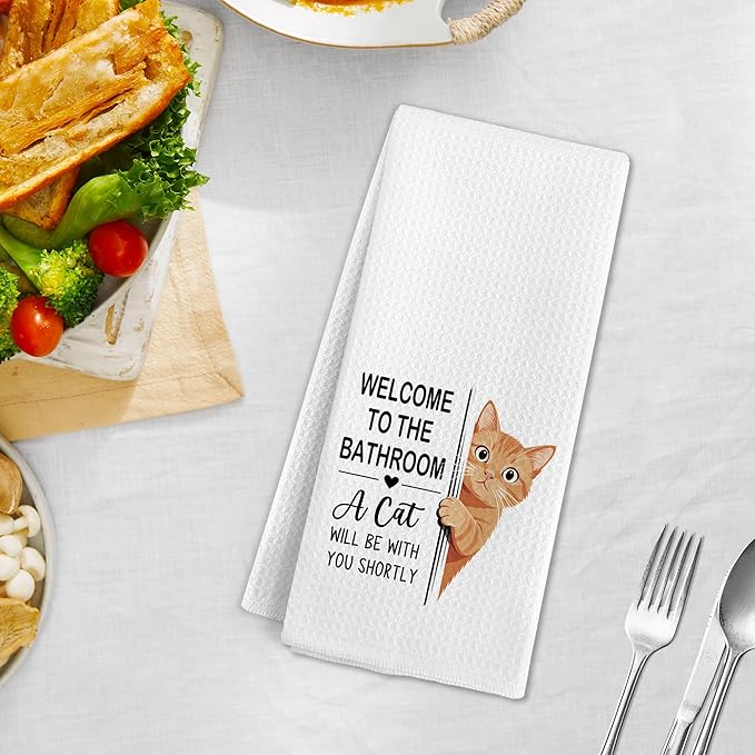 Funny Orange Tabby Cat Hand Towels for Bathroom, A Cat Will Be with You Shortly Hand Towels, Funny Orange Cats Dish Tea Towel for Kitchen Bathroom Decor, Cats Gifts for Kids Girls, 16x24