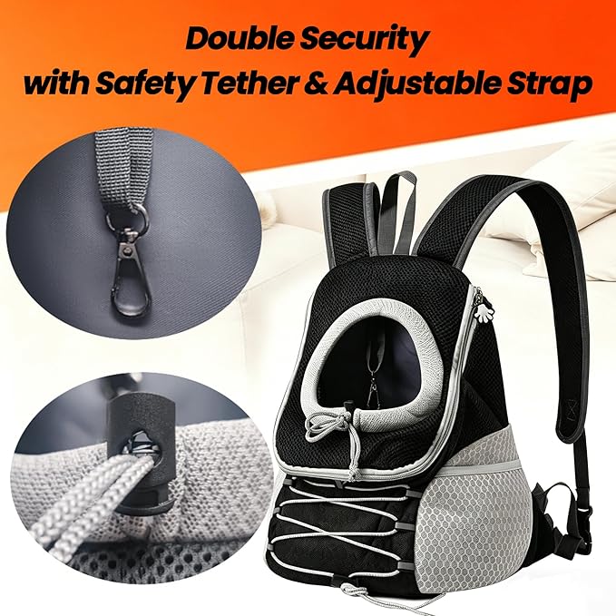 Dog Carrier Backpack for Small Dogs 2-15 lbs, Breathable Front Chest & Back Pet Carrier, Puppy Backpack with Safety Tether for Hiking Walking, Shoulder Bag for Dog, Black Grey (L)