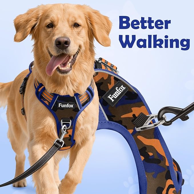 Funfox Dog Harness No Pull, Adjustable Pet Vest Harness, Super Soft Material with Vertical Handle Easy Control, Reflective Night Walking, 2 Leash Clips for Large Dogs, Camo Orange, L