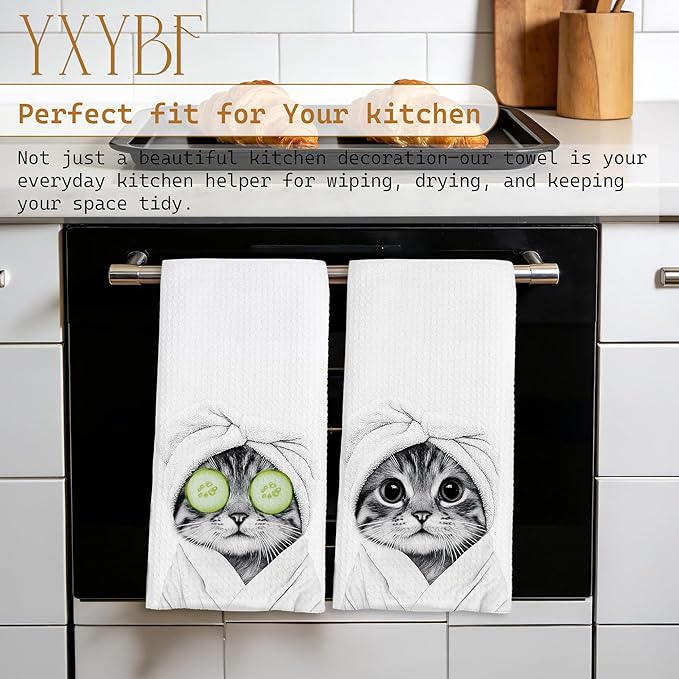 Funny Tabby Cat Hand Towels for Bathroom Powder Room Spa Decor 16x24 Inches, Cat Mom Lady Gifts, Black and White Bathrobe Kitten Bathroom Towels Decorative, Set of 2