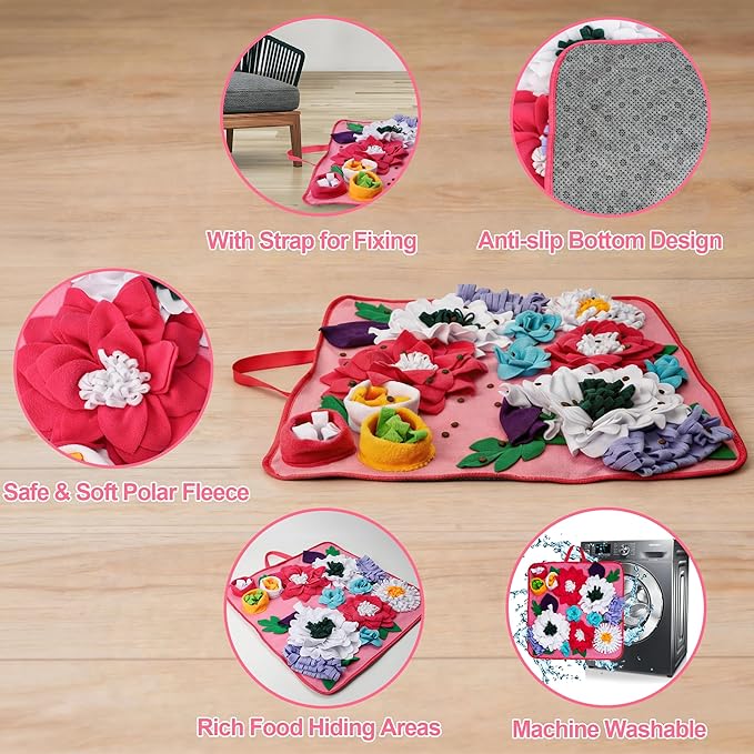 Vextronic Snuffle Mat for Dogs Large Breed Small Medium, 25''x25'' Sniff Mat for Dogs, Interactive Puzzle Foraging Mat, Dog Slow Feeder Mat, Encourages Natural Foraging Skills for Cats Rabbits Pink