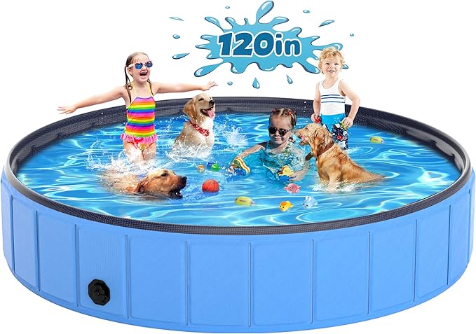 Instraella 120"x20" Dog Pool for Large Dogs, Heavy Duty Hard-Side Foldable Pet Pool, Non-Slip Collapsible Dog Bathing Tub with Drain, Portable Kiddie & Dog Swimming Pool for Outdoor & Indoor Use