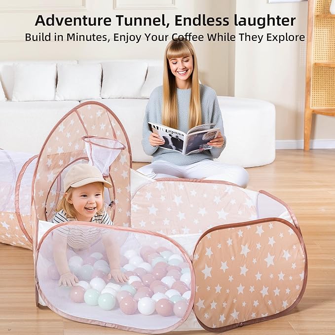 3-in-1 Kids Play Tent with Tunnel & Ball Pit for Toddlers, Indoor Outdoor Playhouse, Easy Pop Up, Portable Play Tents for Toddlers