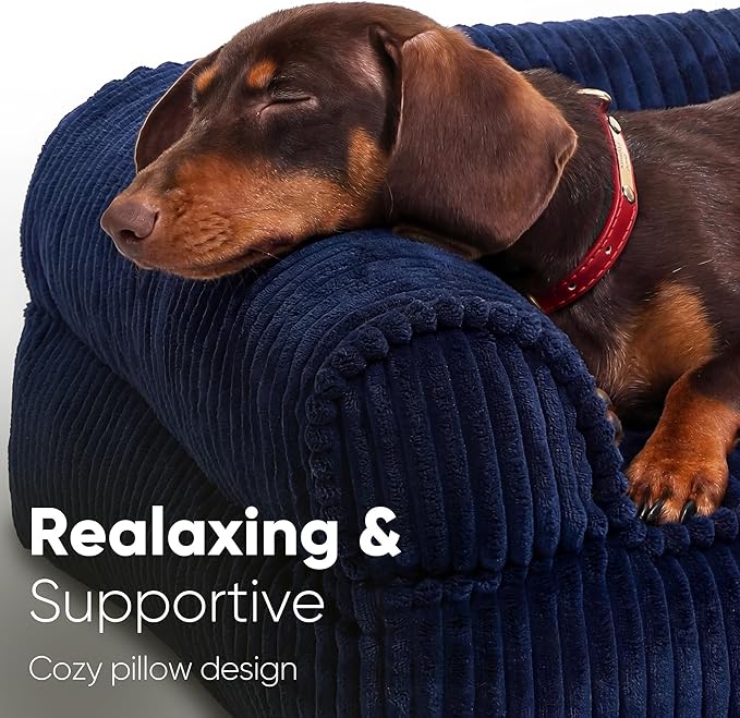 FUKUMARU Cute Dog Bed, Thickened Orthopedic Dogs Couch, 36in Egg Crate Foam Pet Sofa for Medium to Large Dogs, Waterproof Warm Corduroy Pet Bed with Washable Cover, Blue