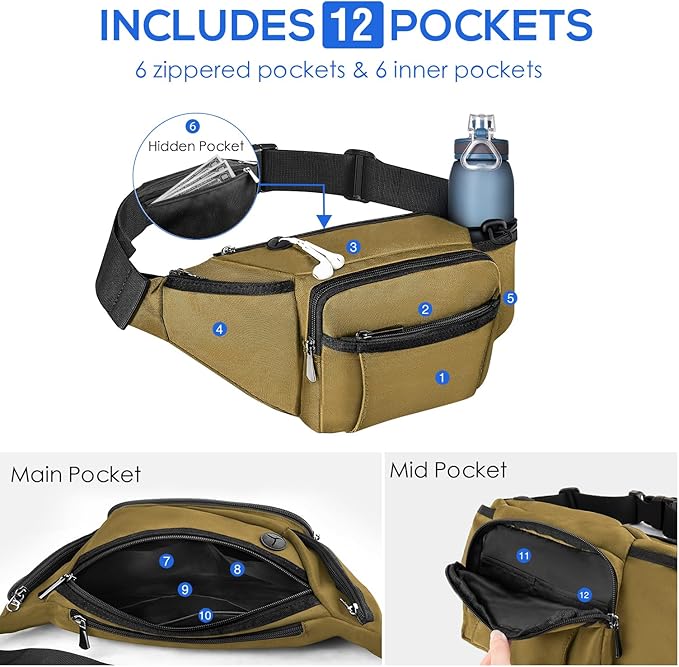 NOOLA Fanny Pack Waist Bag for Men Women, Lightweight Waist Pack with Water Bottle Holder, Adjustable Belt Bag with Multi-Pockets for Hiking, Dog Walking, Outdoor, Cycling, Running, Travel, Khaki