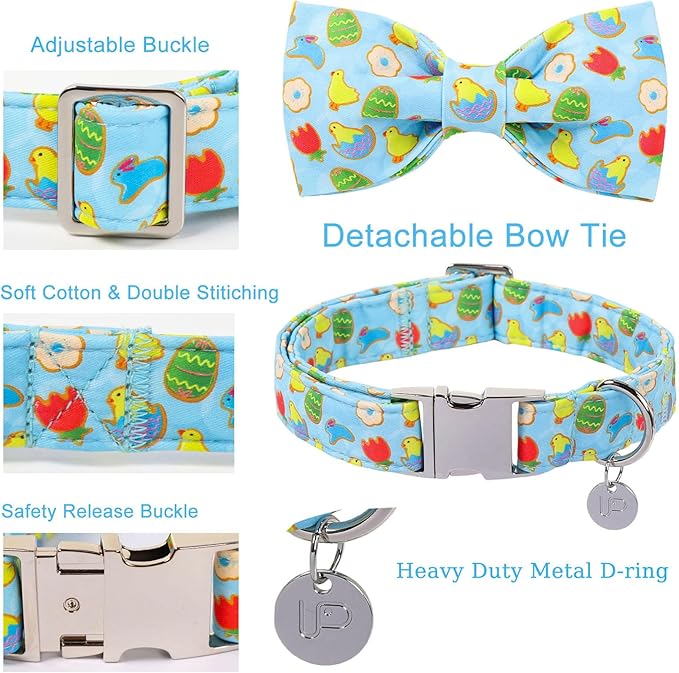 Easter Dog Collar with Bow Tie, Cotton Bunny Bowtie for Large Girl Boy Dog, Cute Rabbit Pet Collar with Metal Buckle, Gift, S
