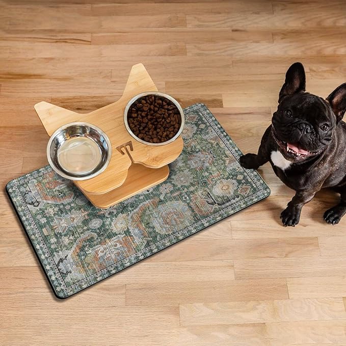 Vintage Tribal Dog Food & Water Mat, Boho Pet Feeding Mat for Floor Non-Slip Waterproof, Super Absorbent Cat Bowl Mat, Easy to Clean Durable Pet Placemat,12" × 20"