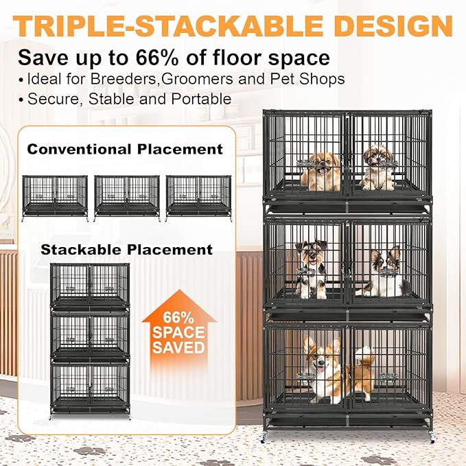 Homey Pet 3 Pack Three Tiers 43 inch Stackable Heavy Duty Dog Crate with Wheels, Indestructible Steel Dog Cage Kennel Indoor with Detachable Divider, Trays, Feeding Bowls, Escape Proof Locks