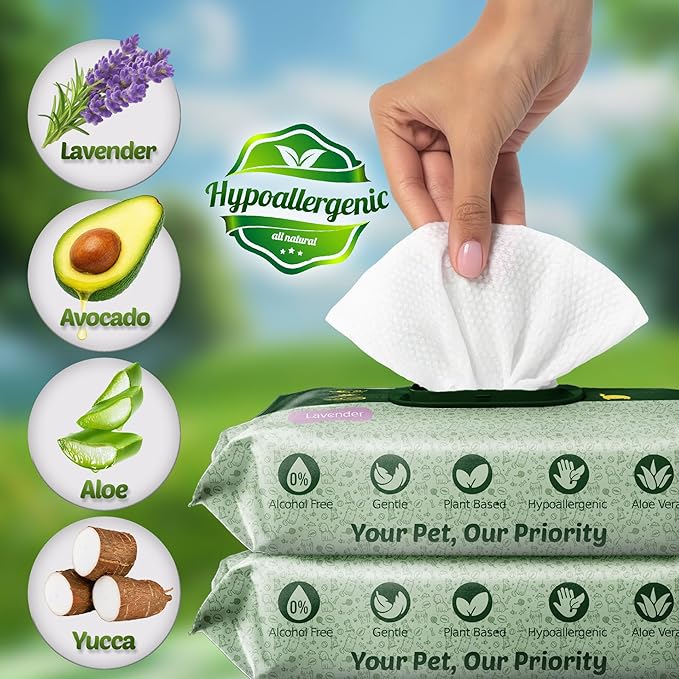 Petazy Pet Wipes for Dogs and Cats – 200 Count (8x8in) Hypoallergenic, Deodorizing Dog Wipes for Paws, Ears and Butt | XL with Aloe & Coconut Oil, Lavender Scented | Travel Size, 2 On-the-Go Packs