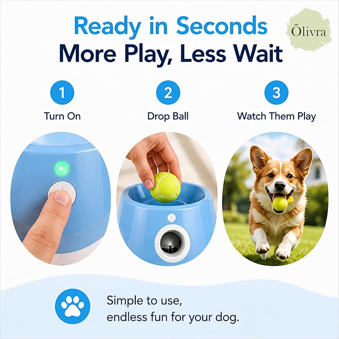 Automatic Dog Ball Launcher, Dog Ball Thrower Machine with 10-30 Ft 3 Launching Distance, Interactive Toys for Small Dogs Indoor & Outdoor with 6 Mini Tennis Balls (2 inch), Rechargeable, Blue